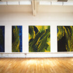 All works untitled, 200 cm x 50 cm, 200 cm x 80 cm, 200 cm x 165 cm, 200 cm x 170 cm,  1996/7, tempera on canvas, The Texture and the Text, Clothing the Body, City Gallery Leicester 1998